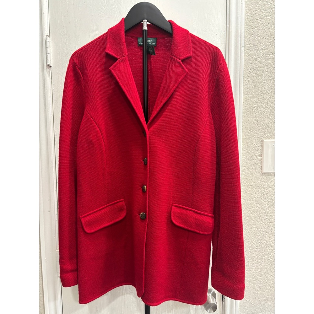 Lauren Ralph Lauren Red Knit Sweater Blazer Crest Buttons Size Medium Womens